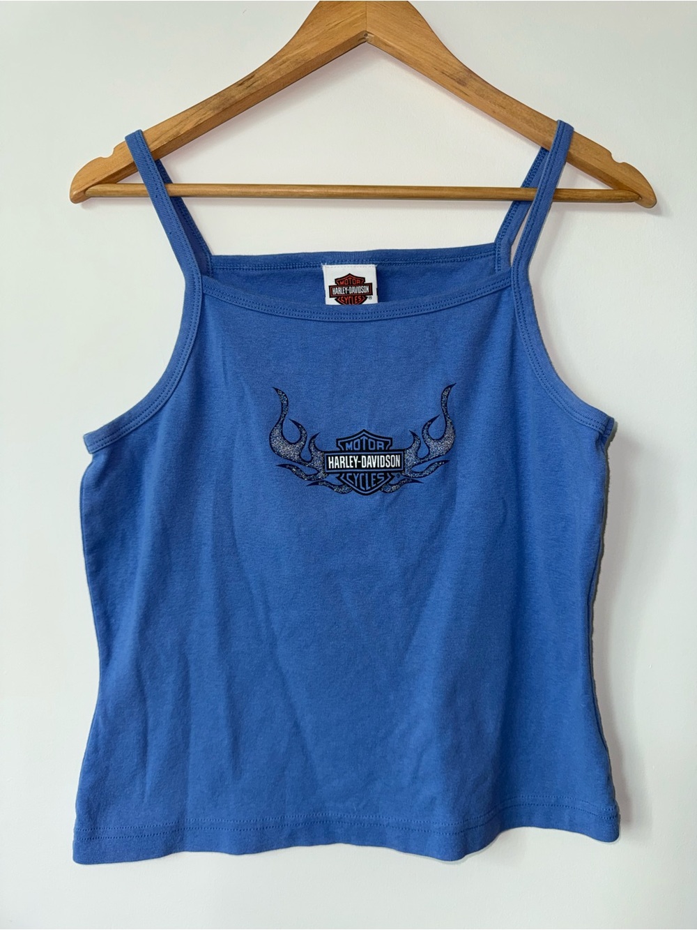 Vintage Harley Davidson Square Neck Cami Tank Top Blue Glitter Logo Springfield